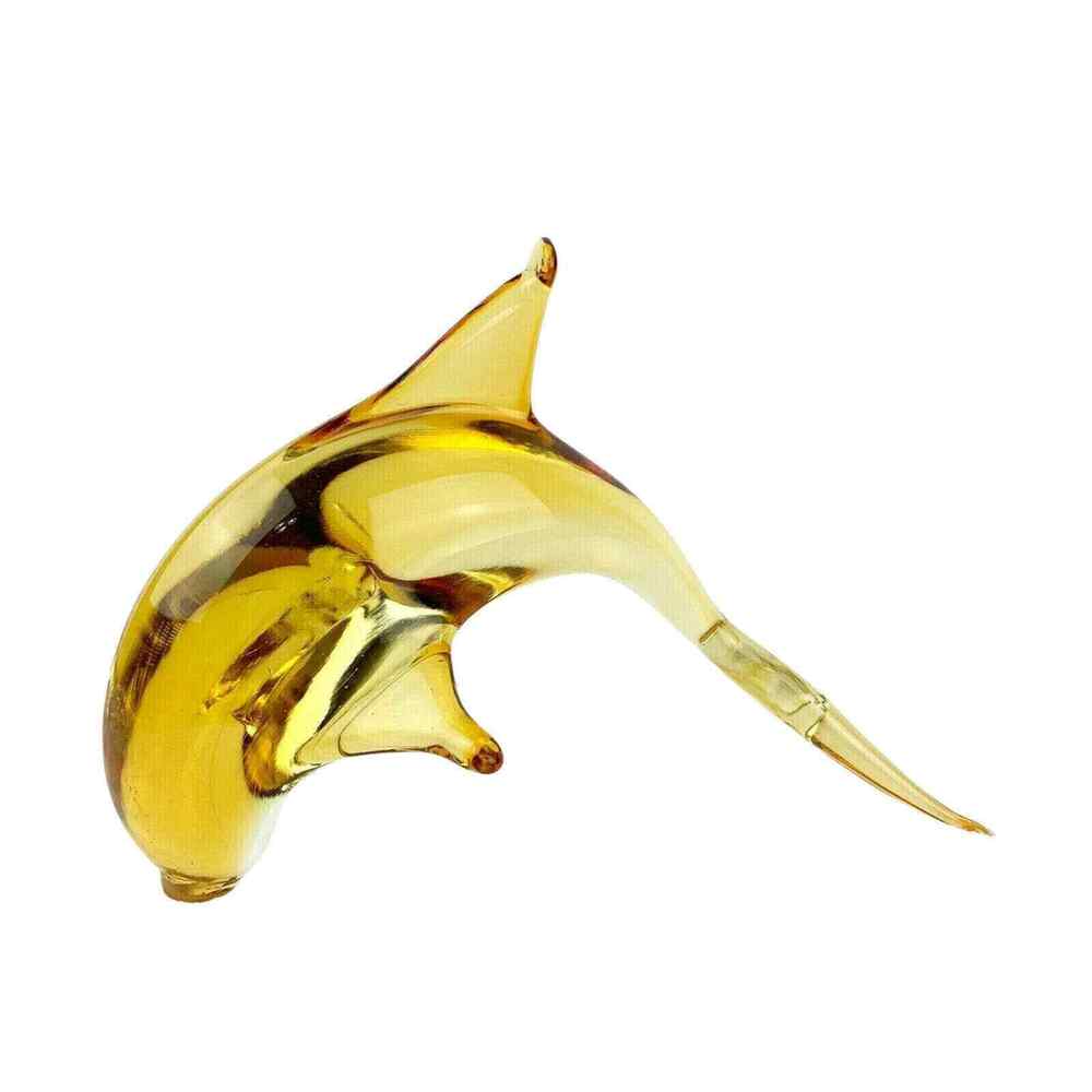 ART GLASS Dolphin Figurine Amber Yellow Hand Blown Decorative Coastal Decor